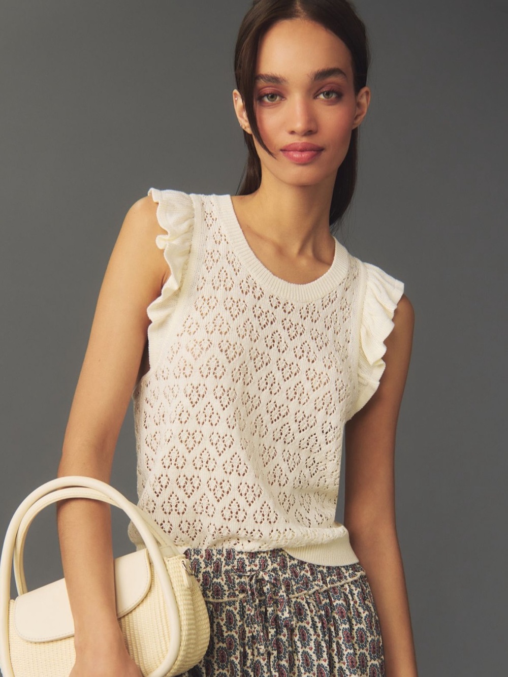 ANTHROPOLOGIE MAEVE Pointelle Heart Ruffle‎ Sweater Tank Ivory Women’s Size XS